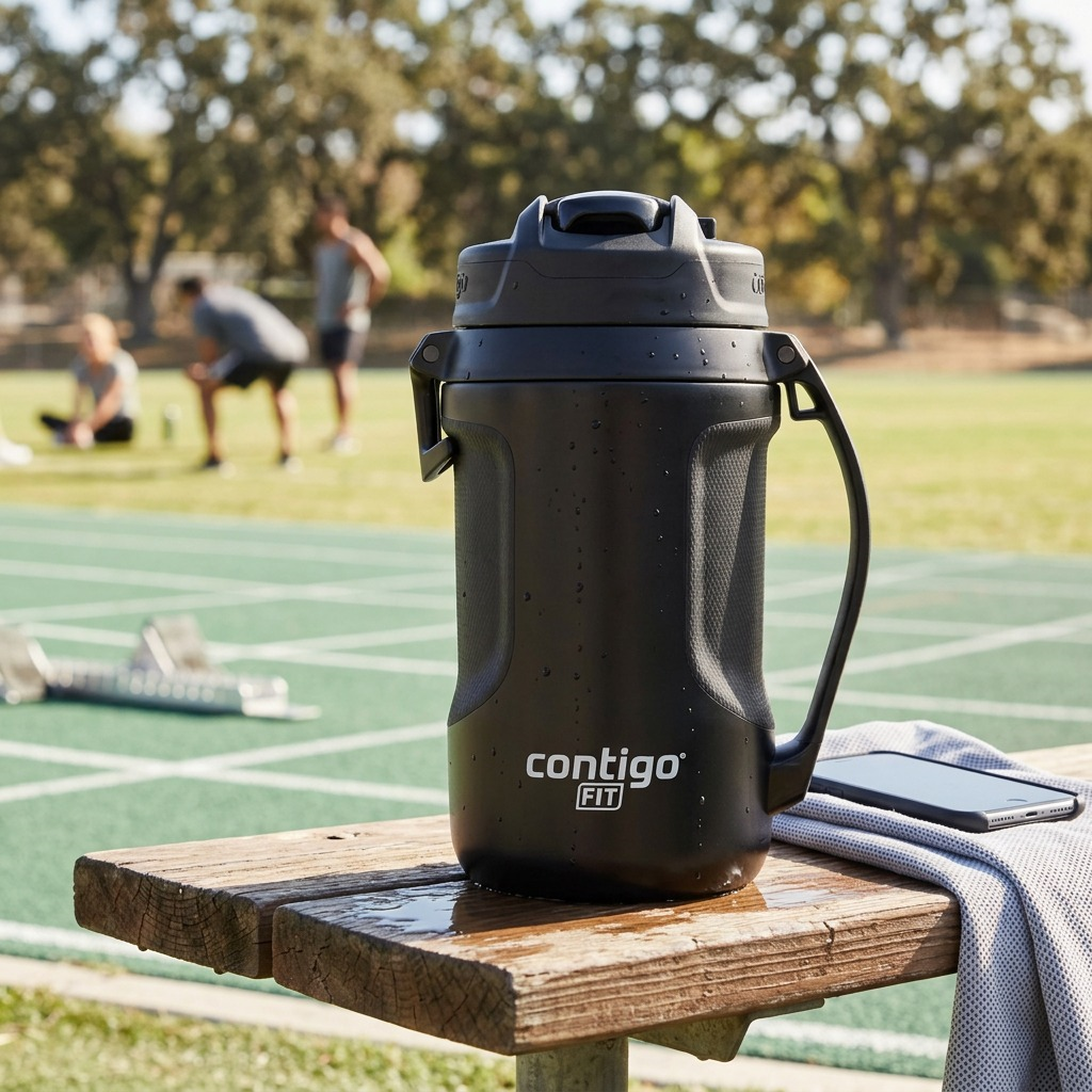 Black Contigo Fit 64oz Autospout Jug on a bench beside a running track during an outdoor workout.