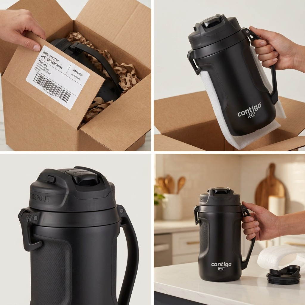 Unboxing a Contigo Fit 64oz Autospout Jug from a cardboard box with secure foam and paper packing.