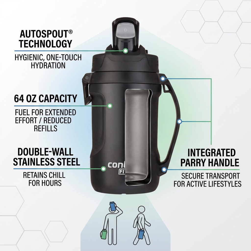Contigo 64 oz Fit Autospout Jug features showing stainless steel insulation and integrated handle.