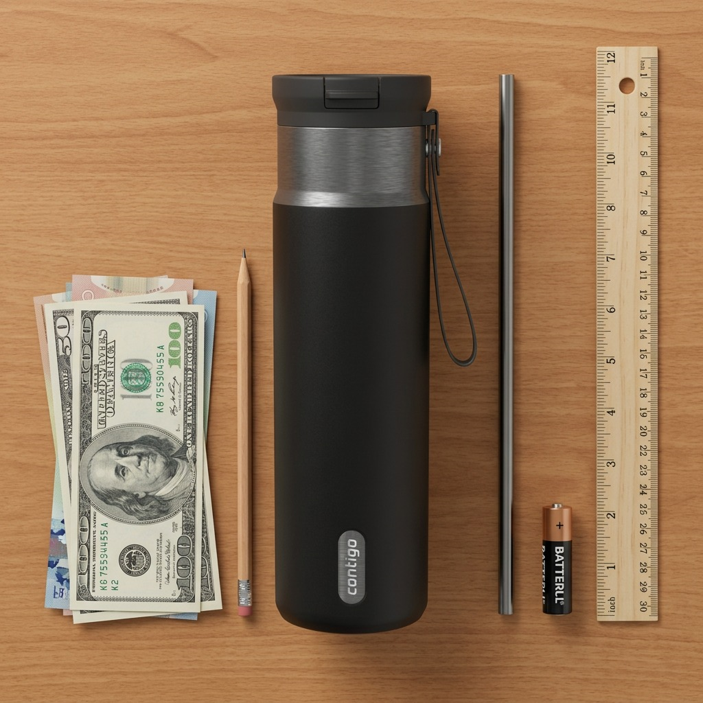 Contigo 24 oz Snapseal Travel Mug in Licorice Gunmetal beside a 12-inch ruler for scale reference.