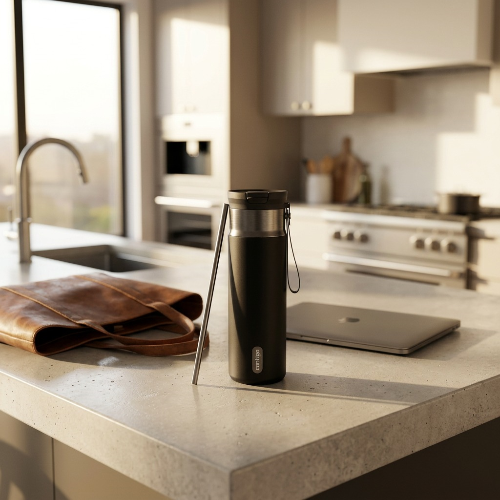 Contigo Snapseal Travel Mug in Licorice Gunmetal on a kitchen island with a laptop and leather bag.