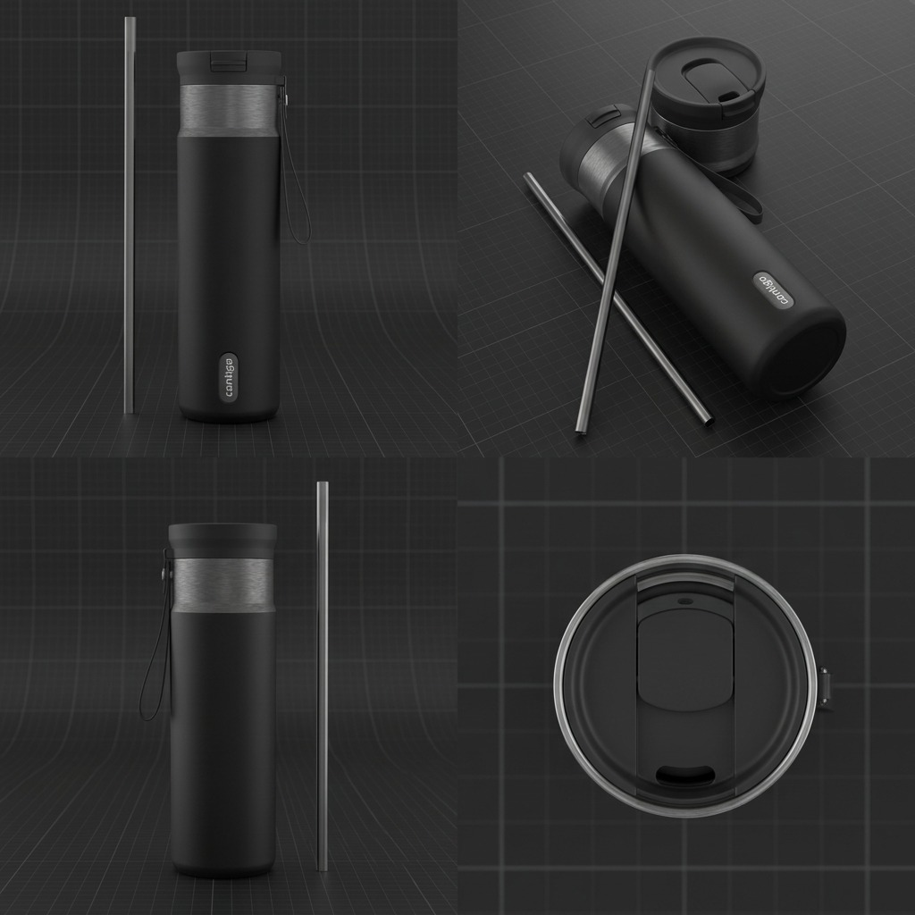 Four views of the Contigo Snapseal Travel Mug in Licorice Gunmetal, showing the lid and straw.