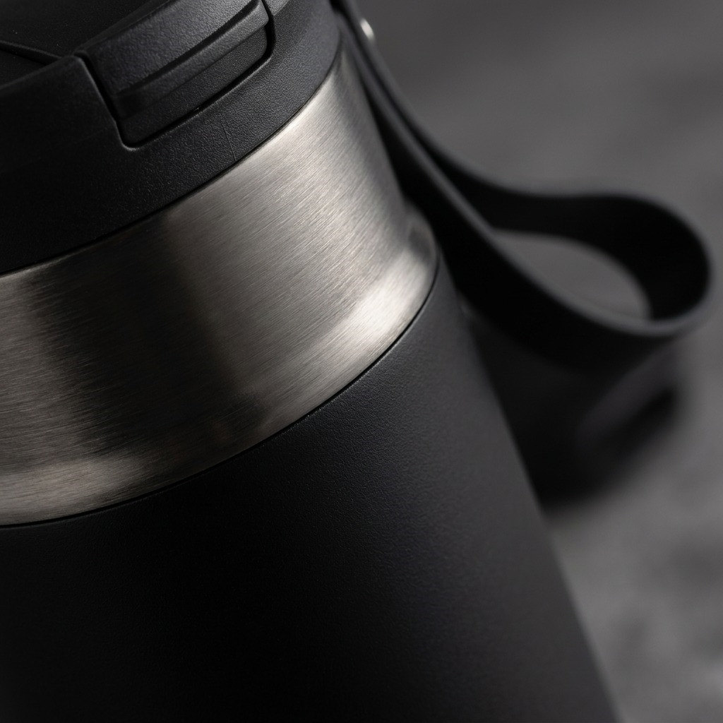 Macro detail of the Contigo 24 oz Snapseal Travel Mug showing licorice gunmetal brushed metal.