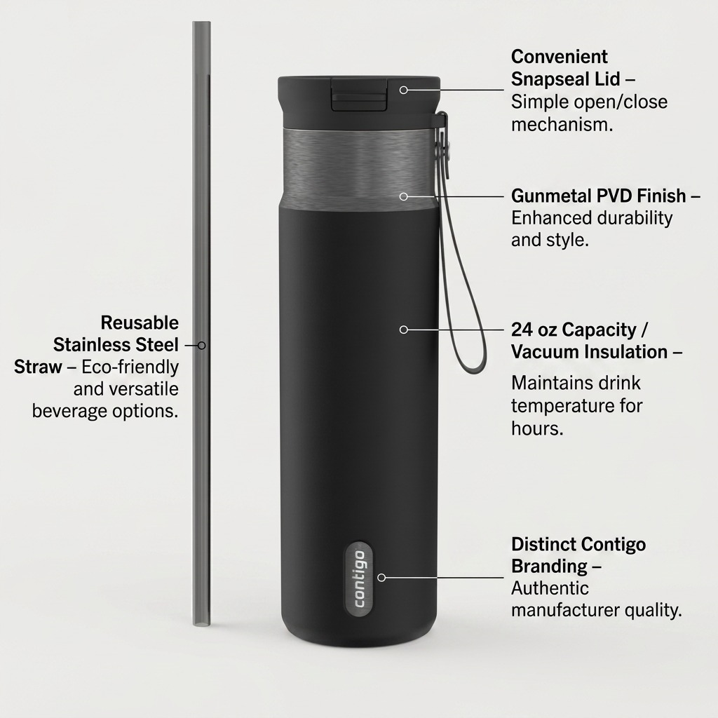 Contigo 24 oz Snapseal travel mug in gunmetal with callouts for the lid, PVD finish, and vacuum insulation.