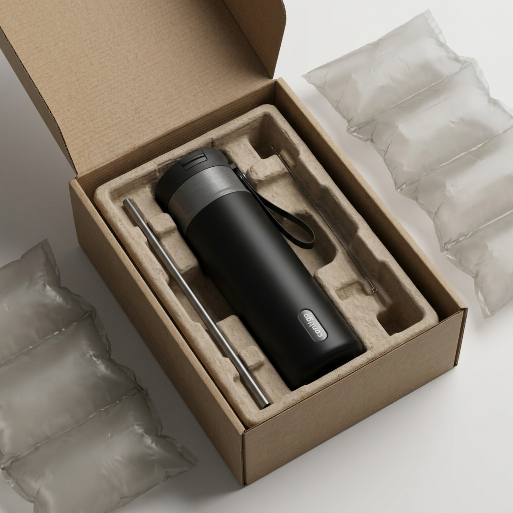Contigo 24 oz Snapseal Travel Mug in Licorice Gunmetal inside a secure shipping box with air pillows.