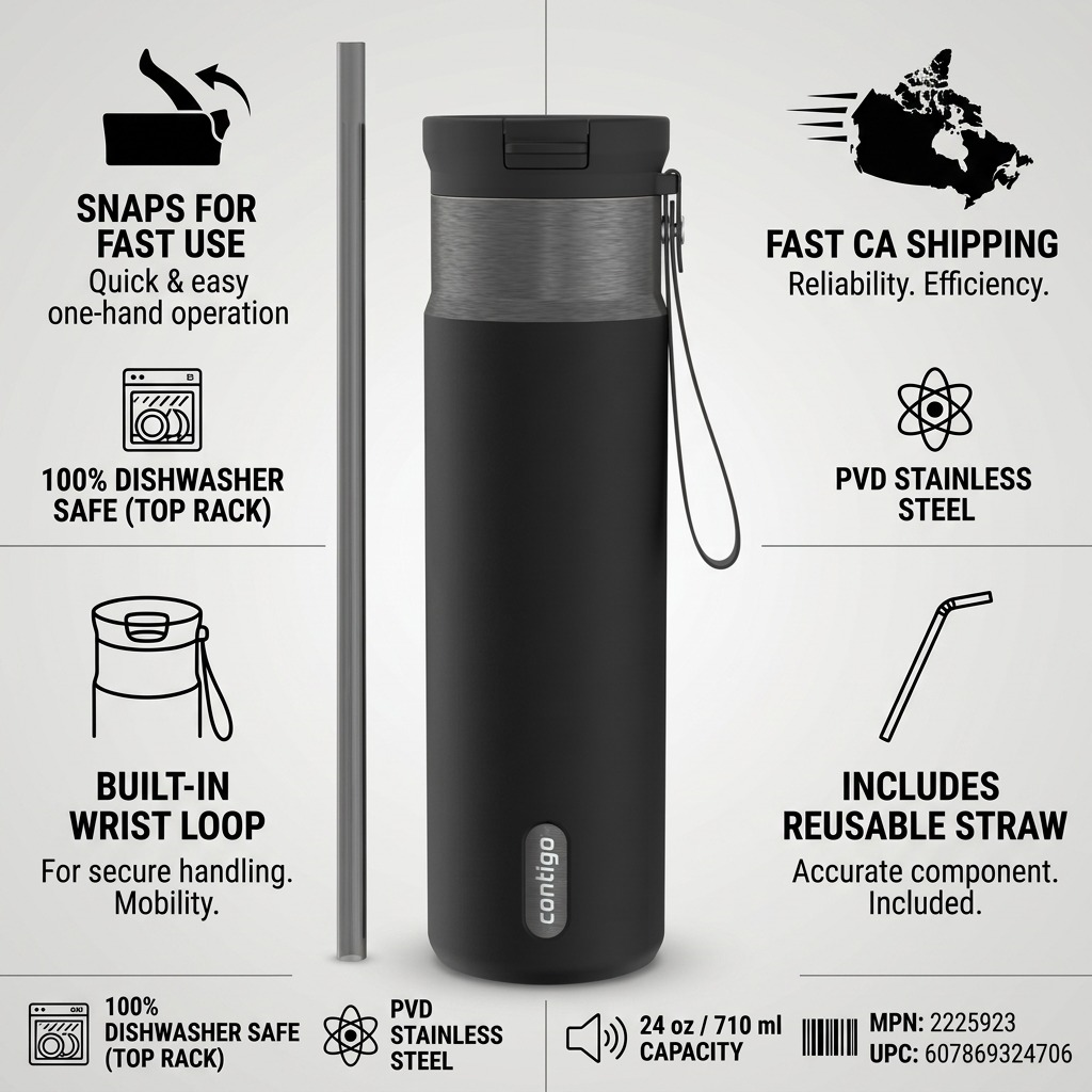 Infographic for Contigo 24 oz PVD travel mug showing its Snapseal lid, wrist loop, and reusable straw.