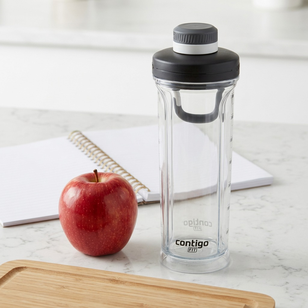 Scale reference of a 28oz Contigo Shake & Go bottle next to a red apple and spiral notebook.