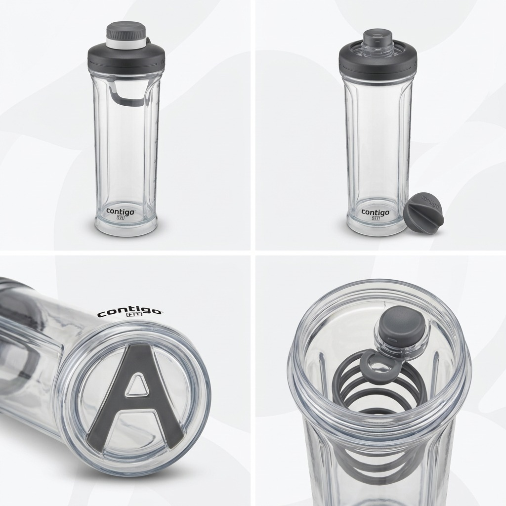 Four-panel grid of the 28oz Contigo Autopop Shake & Go 2.0 Tritan bottle in Salt from various angles.