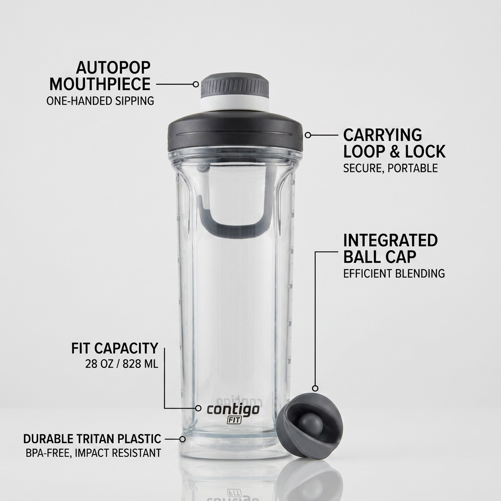 Contigo Autopop Shake & Go 2.0 28oz Tritan bottle features, including Autopop mouthpiece and blending cap.