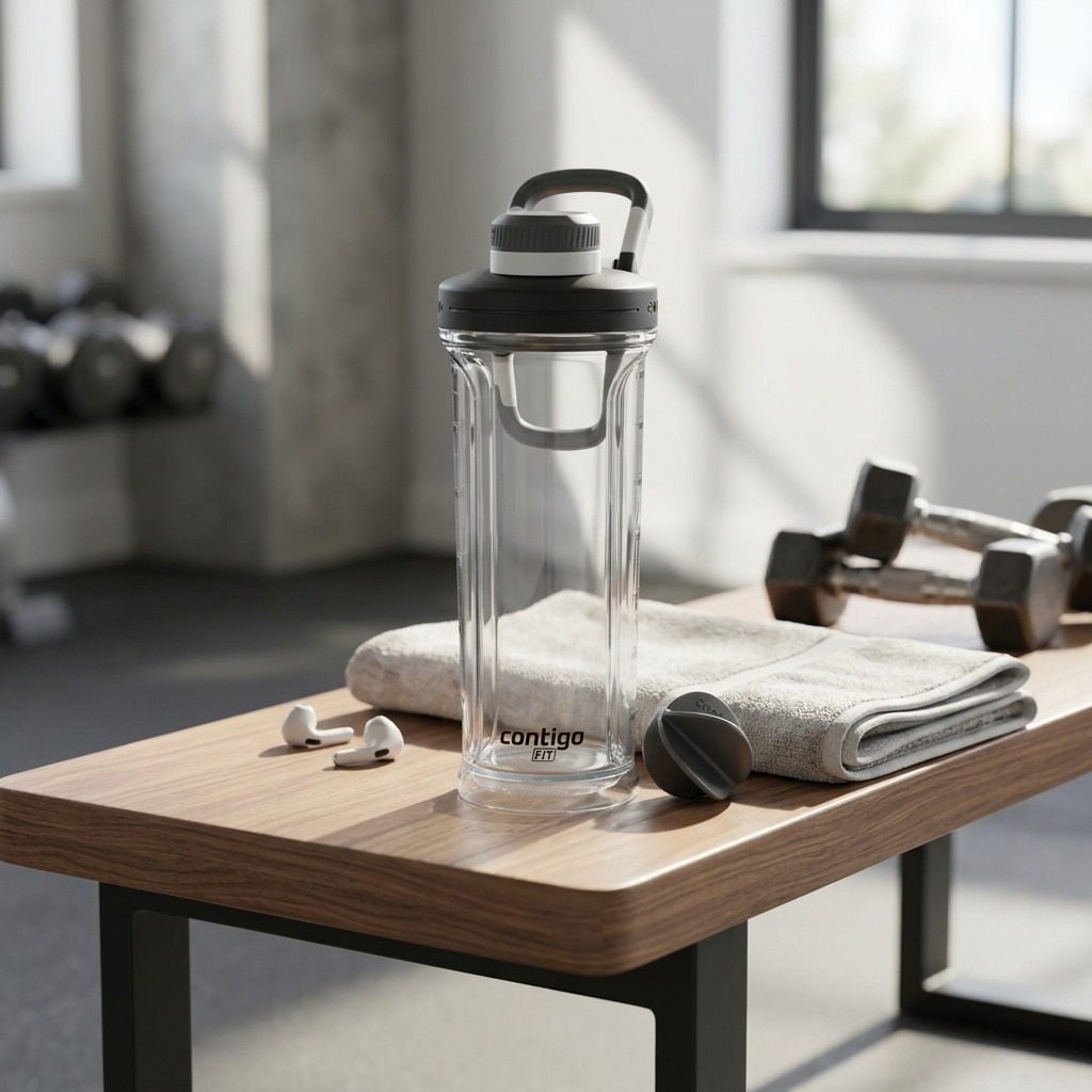 A Contigo Tritan Shake & Go 2.0 shaker bottle on a gym bench with a towel, weights, and earbuds.