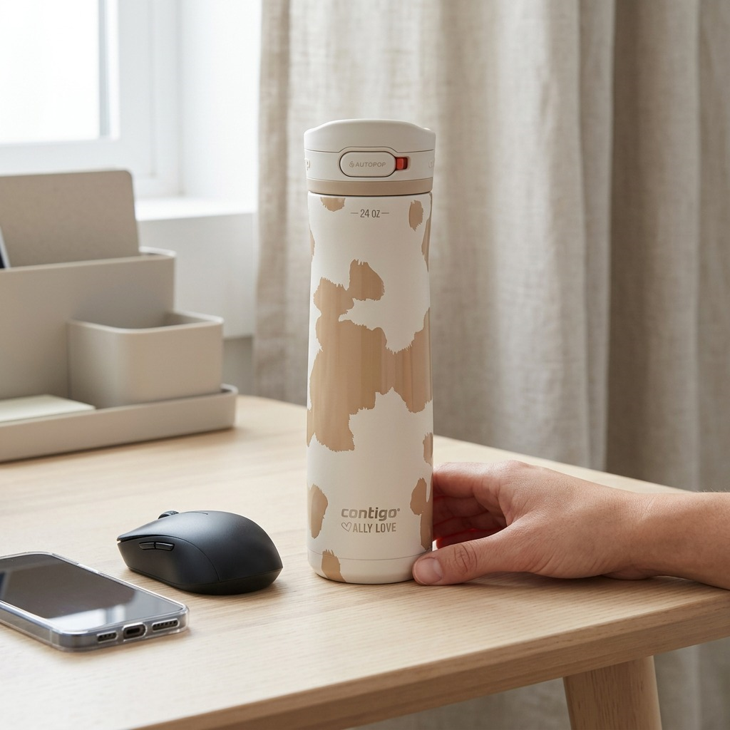 A 24oz Contigo Jackson Chill 2.0 water bottle in Oatmilk on a desk next to a phone and mouse.