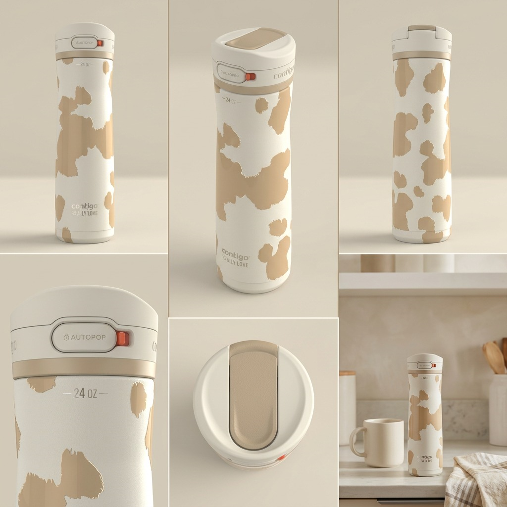 A grid of views for the Contigo Jackson Chill 2.0 24oz Oatmilk bottle, showing the AUTOPOP lid.