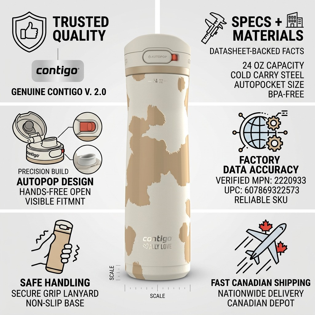 Contigo Jackson Chill 2.0 water bottle infographic showing specs, AUTOPOP lid, and Canadian shipping.