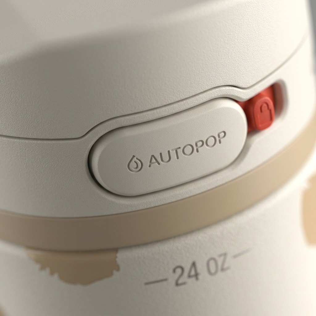 Macro detail of the Contigo Jackson Chill 2.0 AUTOPOP button and slide lock on oatmilk bottle.