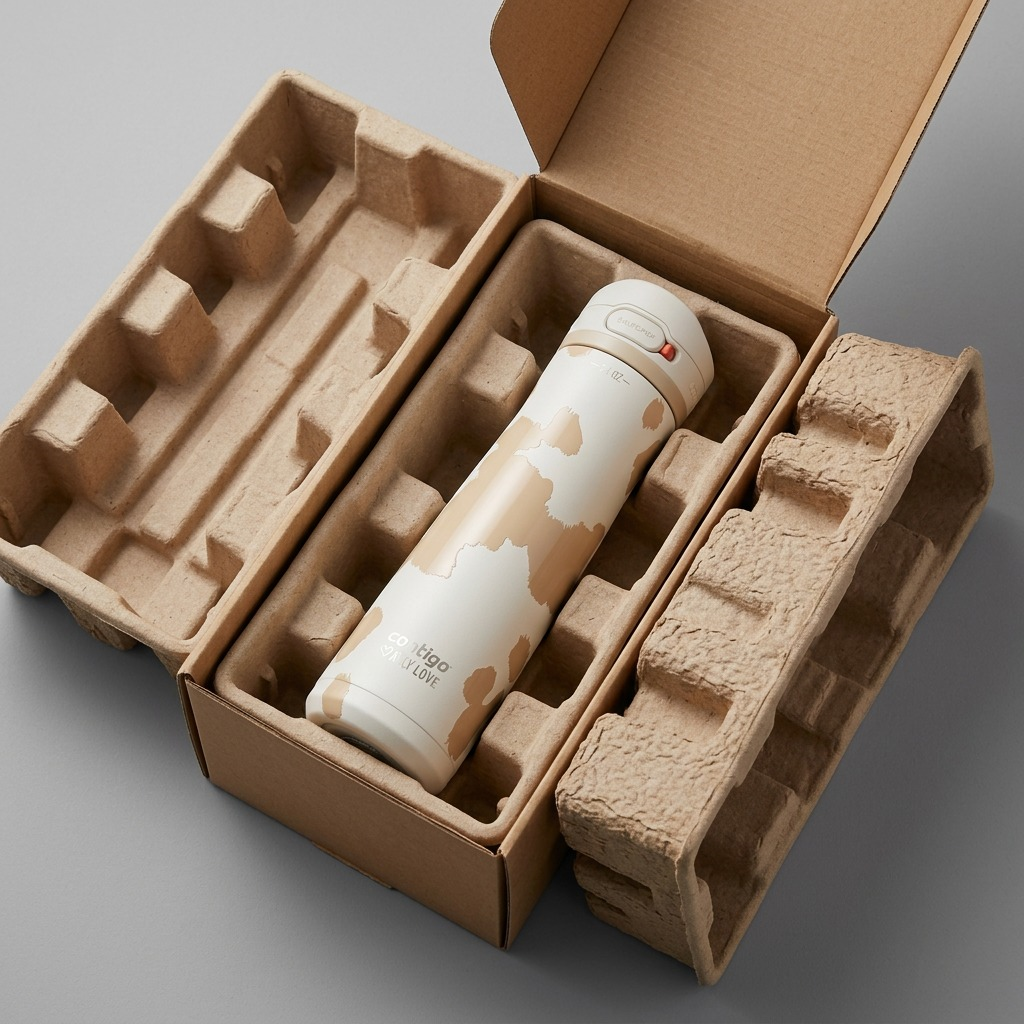 Contigo Jackson Chill 2.0 Oatmilk water bottle secured in protective cardboard shipping packaging.