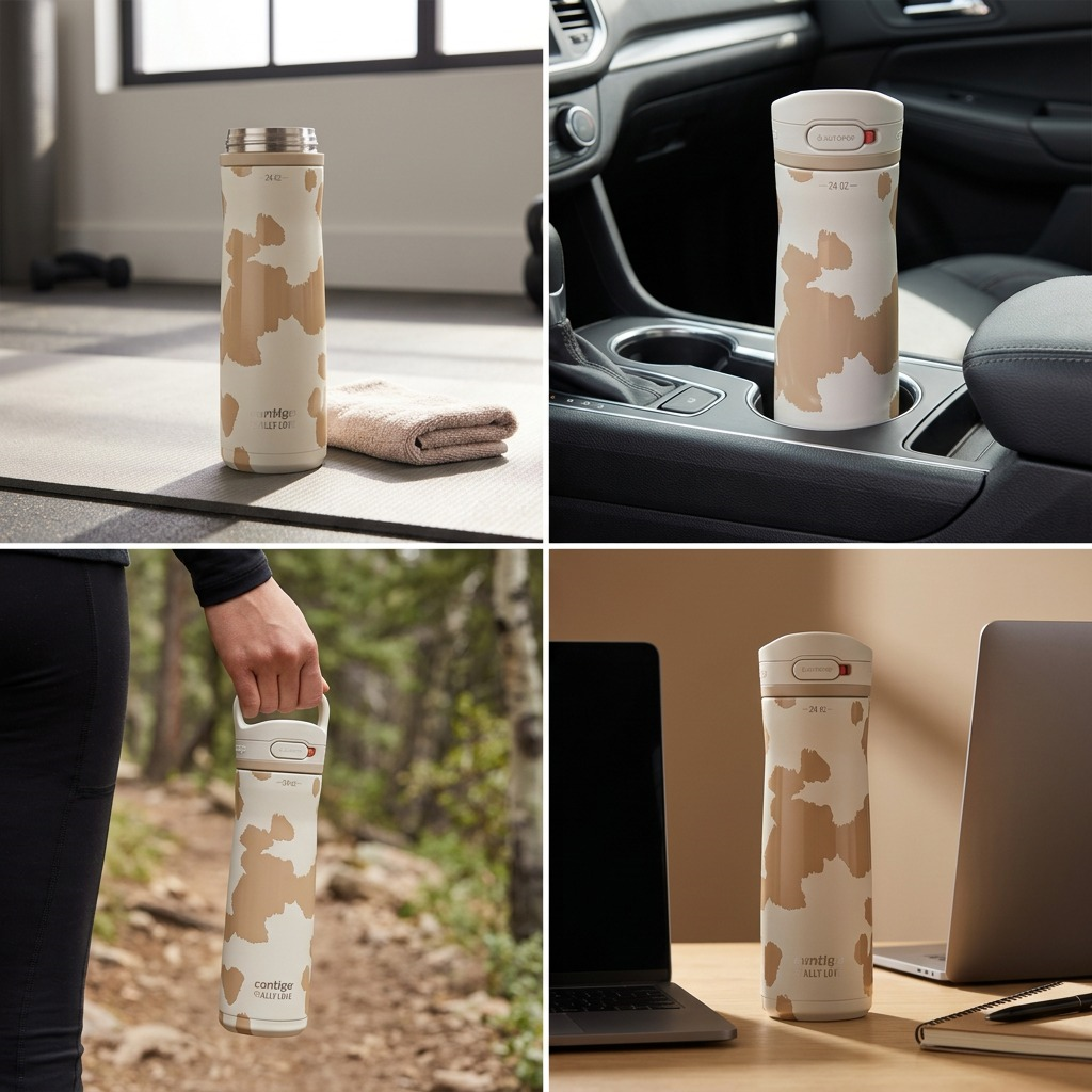 Contigo Jackson Chill 2.0 water bottle in a gym, car cup holder, on a hike, and on a desk.