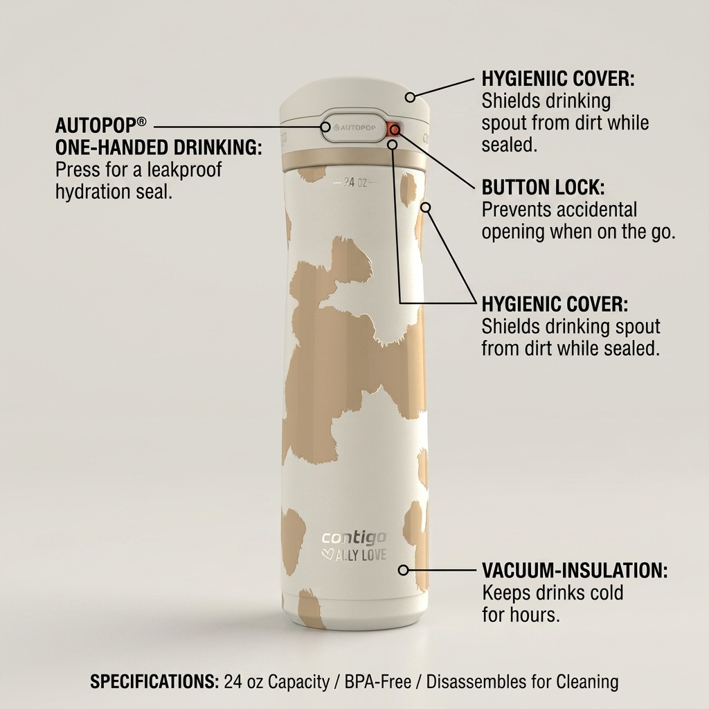 Feature diagram of the Contigo Jackson Chill 2.0 water bottle highlighting the Autopop lid and insulation.