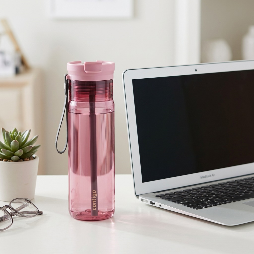 Contigo 24 oz Pink Diamond Dual Sip Water Bottle on a desk next to a laptop for scale reference.