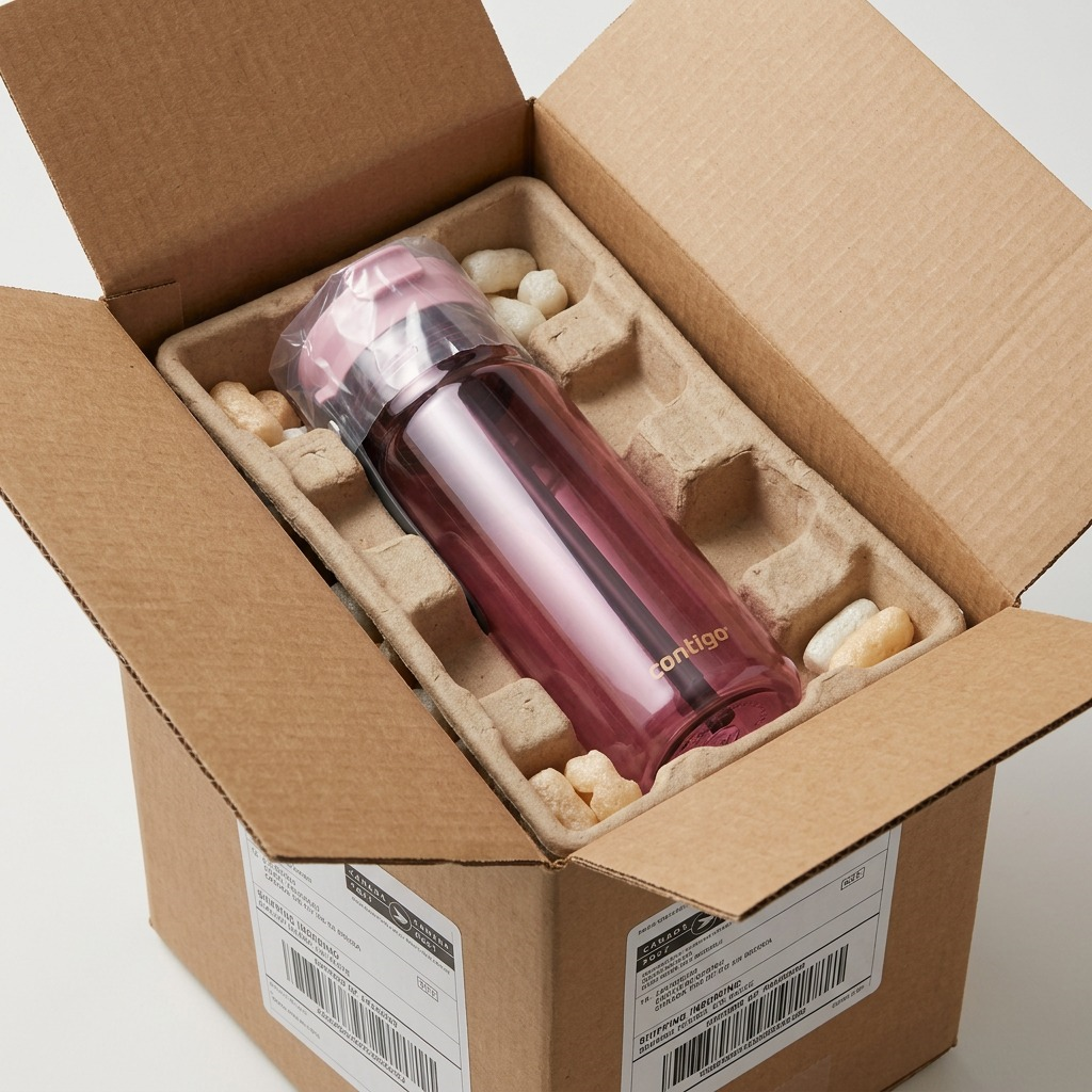 Pink Diamond Contigo 24 oz Dual Sip water bottle secured in protective cardboard shipping box.