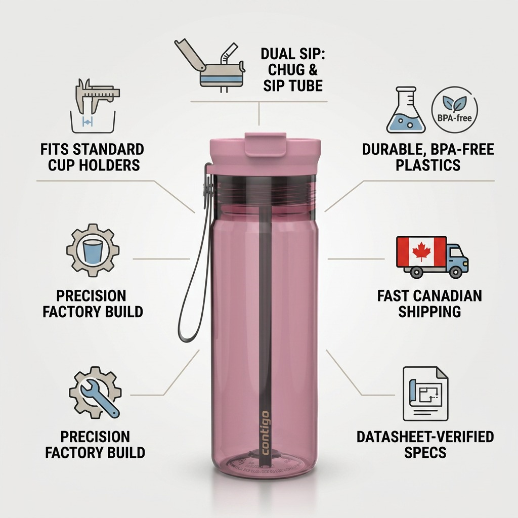 Infographic for Contigo Dual Sip 24 oz Pink Diamond water bottle highlighting BPA-free material and fast Canadian shipping.