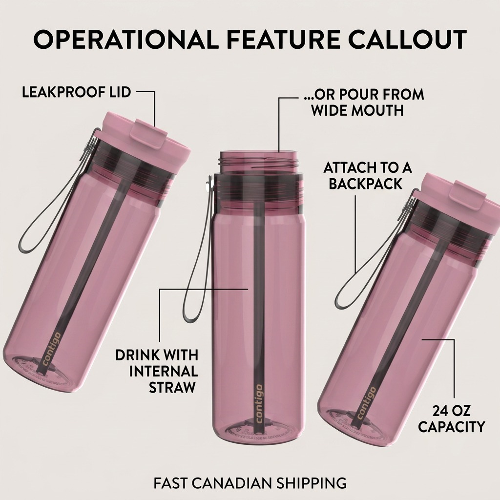 Contigo 24 oz Dual Sip pink water bottle features: leakproof lid, internal straw, and wide mouth.