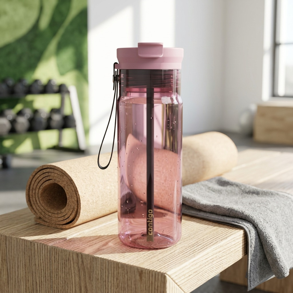 A Contigo 24 oz Pink Diamond water bottle on a wooden gym bench with a yoga mat and towel.