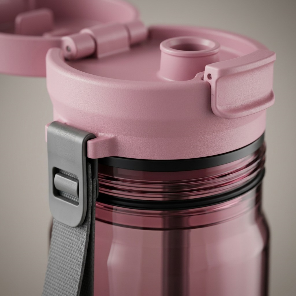 Macro close-up of the Pink Diamond Contigo 24 oz Dual Sip lid showing the spout and carry strap.