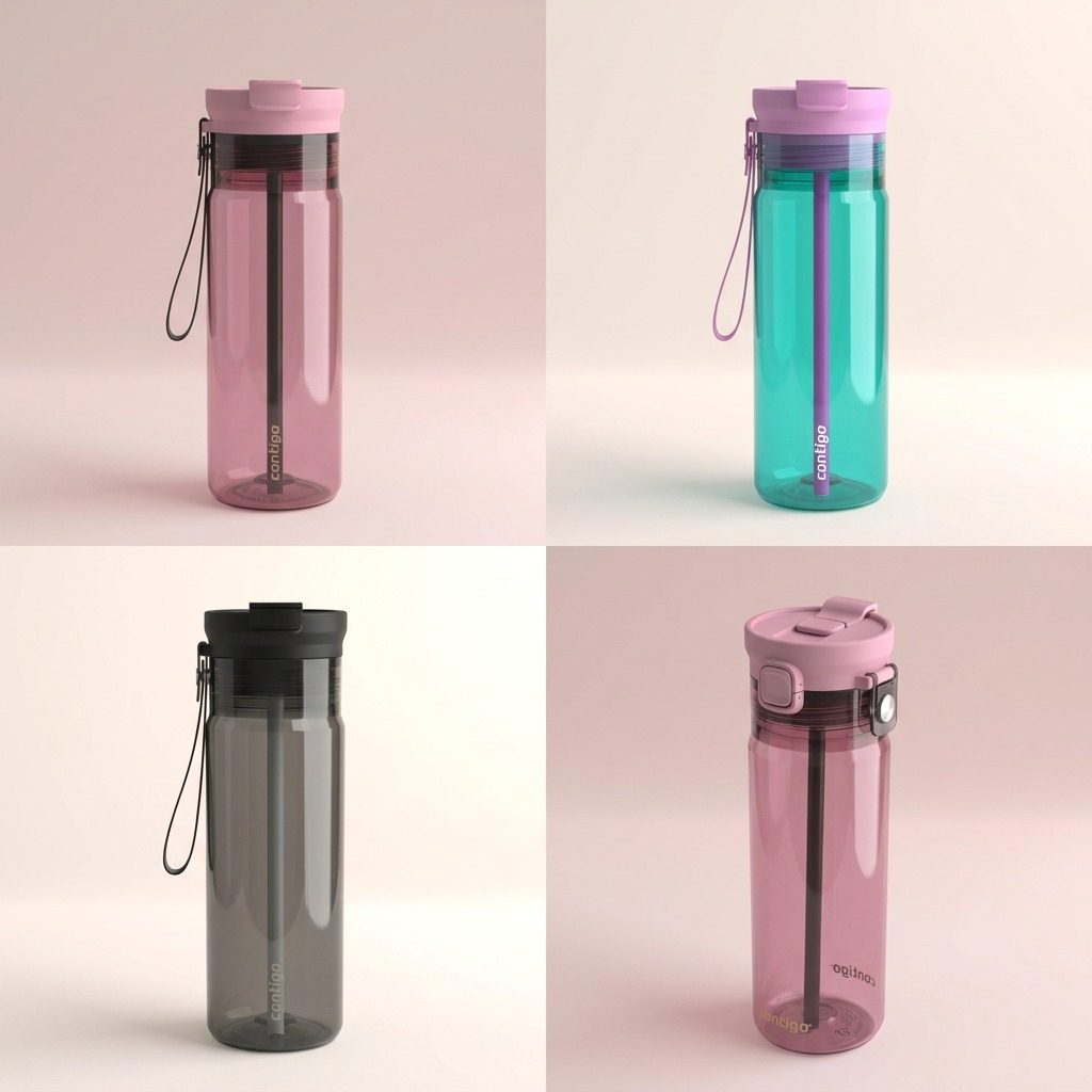 Matrix showing Contigo 24 oz Dual Sip plastic water bottles in pink, teal, and gray color options.
