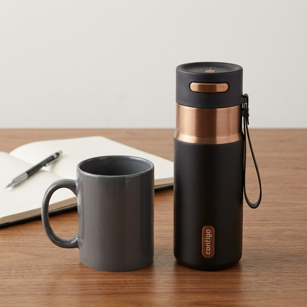 Licorice Bronze Contigo 16oz travel mug shown on a desk next to a standard ceramic coffee mug for size reference.