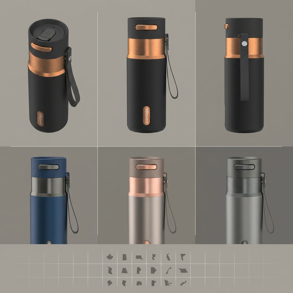 Contigo 16oz Autoseal travel mug shown in multiple angles and colors including Licorice Bronze.