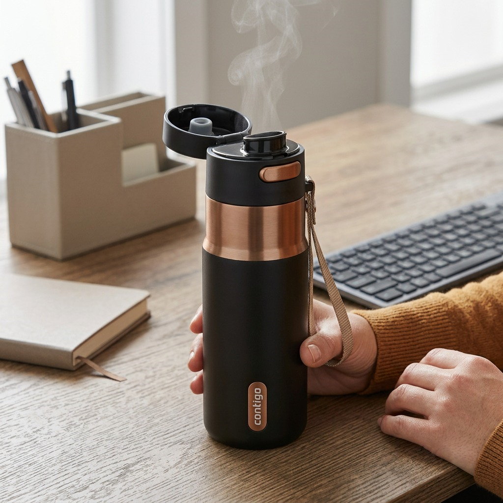 A steaming Contigo Licorice Bronze travel mug held at an office desk next to a computer keyboard.