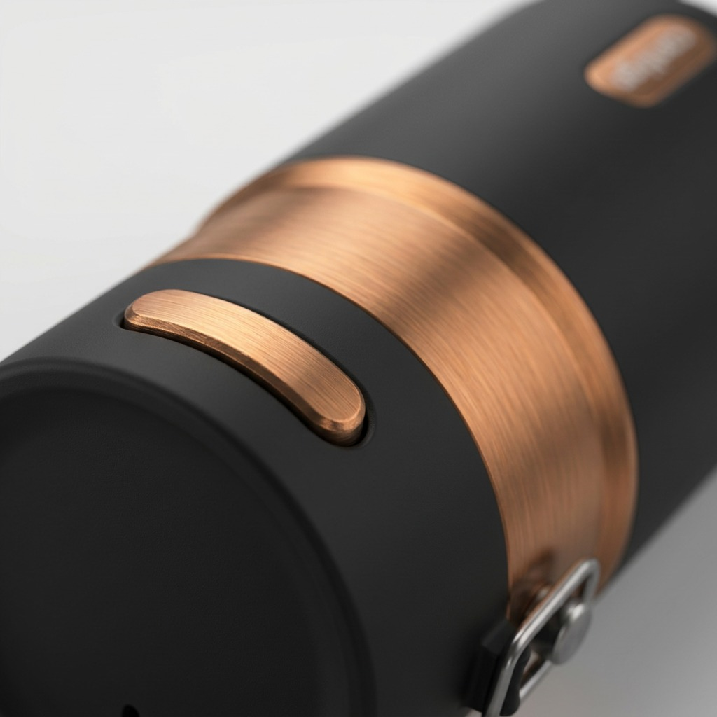 Macro detail of a Contigo travel mug showing the Licorice Bronze PVD finish and Autoseal button.