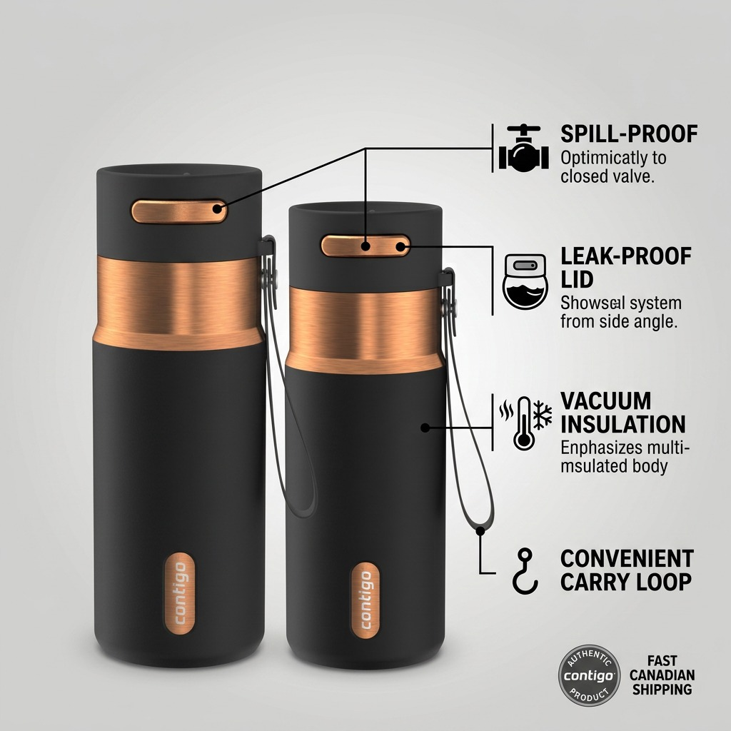 Contigo Licorice Bronze travel mug feature graphic showing leak-proof lid and vacuum insulation.