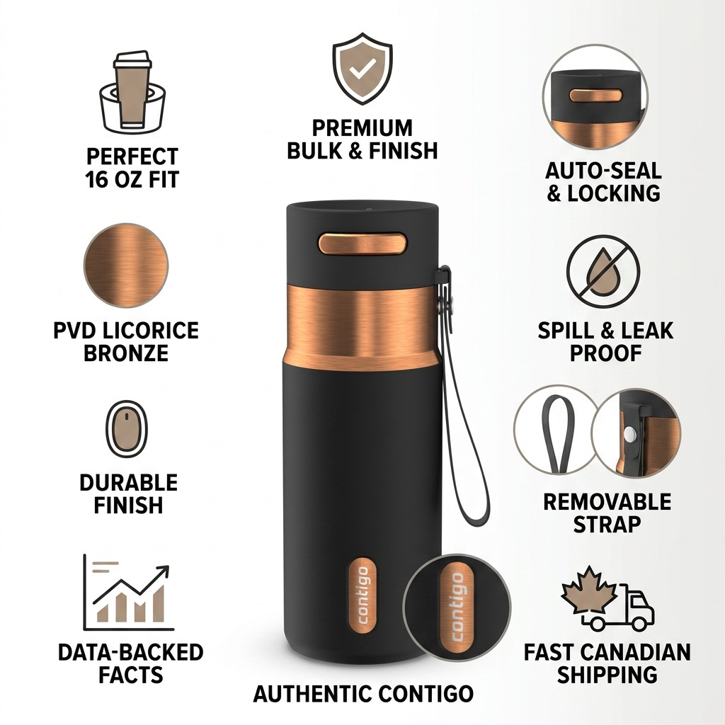 Contigo 16oz Licorice Bronze Travel Mug infographic highlighting leak-proof Autoseal and fast shipping.