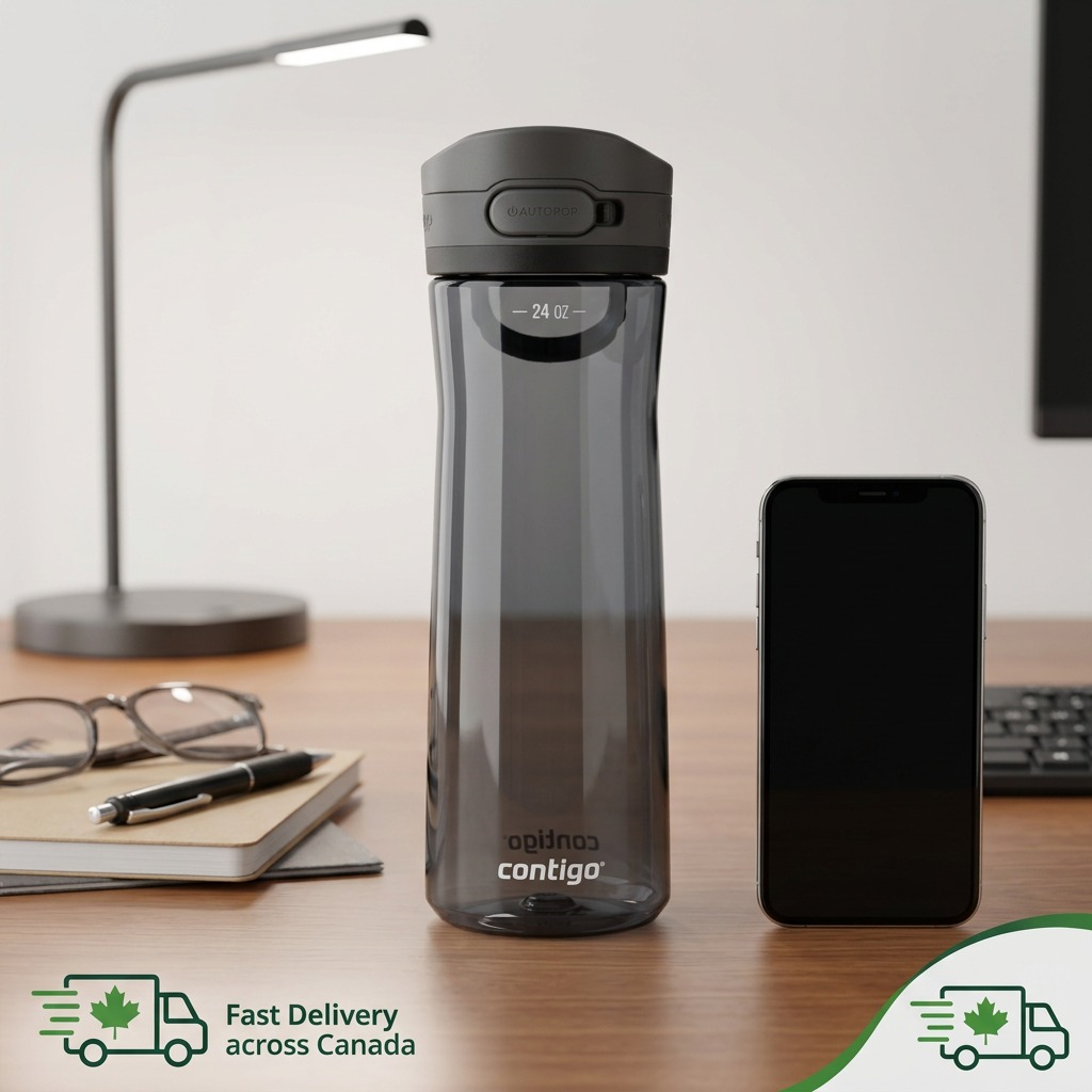 A 24oz Contigo Jackson 2.0 AutoPop bottle in Licorice on a desk next to a smartphone for scale.