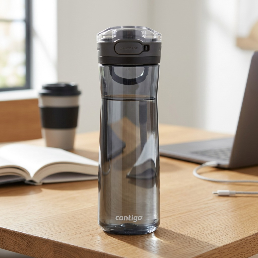 A smoke-grey Contigo Jackson 2.0 AutoPop water bottle on a wooden desk with a laptop and notebook.