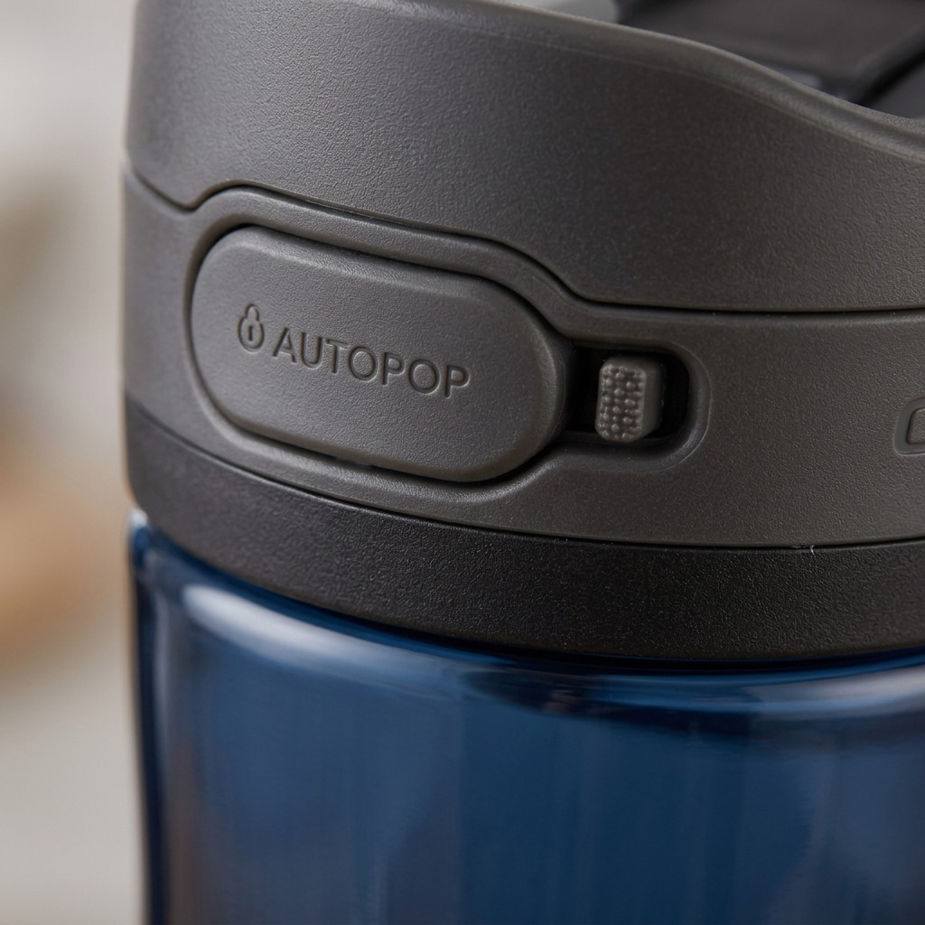 Macro detail of the Contigo Jackson 2.0 AutoPop button and sliding lock on the dark gray lid.