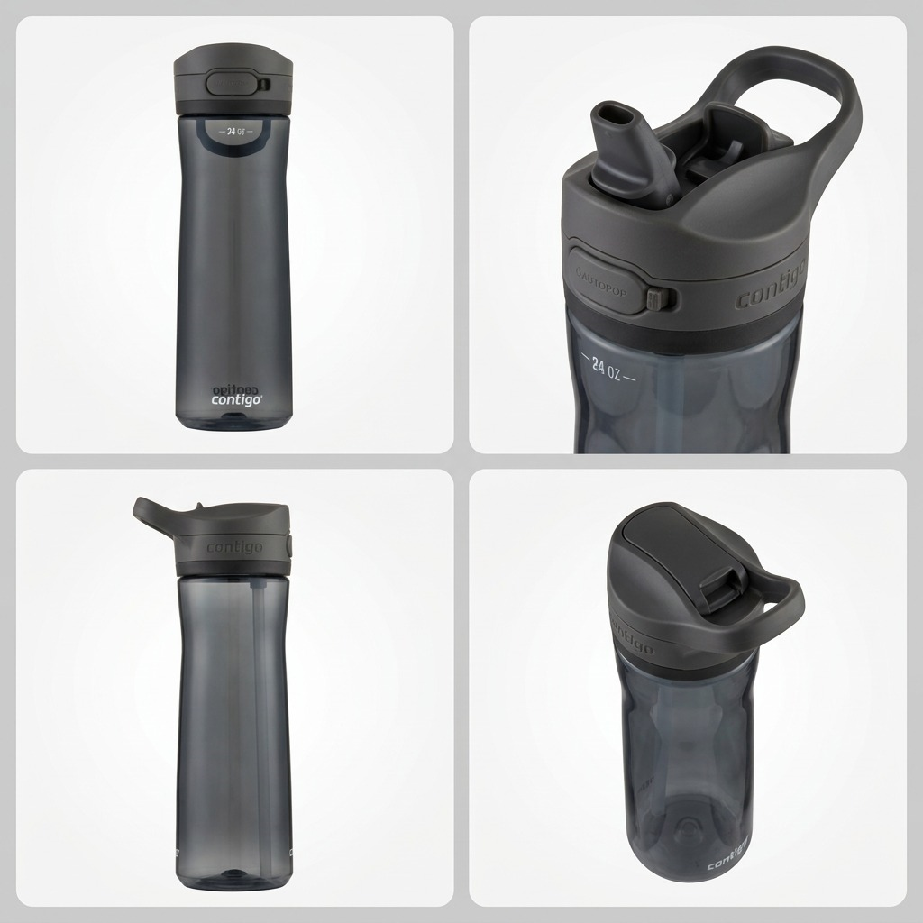 Four angles of the 24oz Contigo Jackson 2.0 AutoPop Bottle in Licorice, showing the lid and spout.