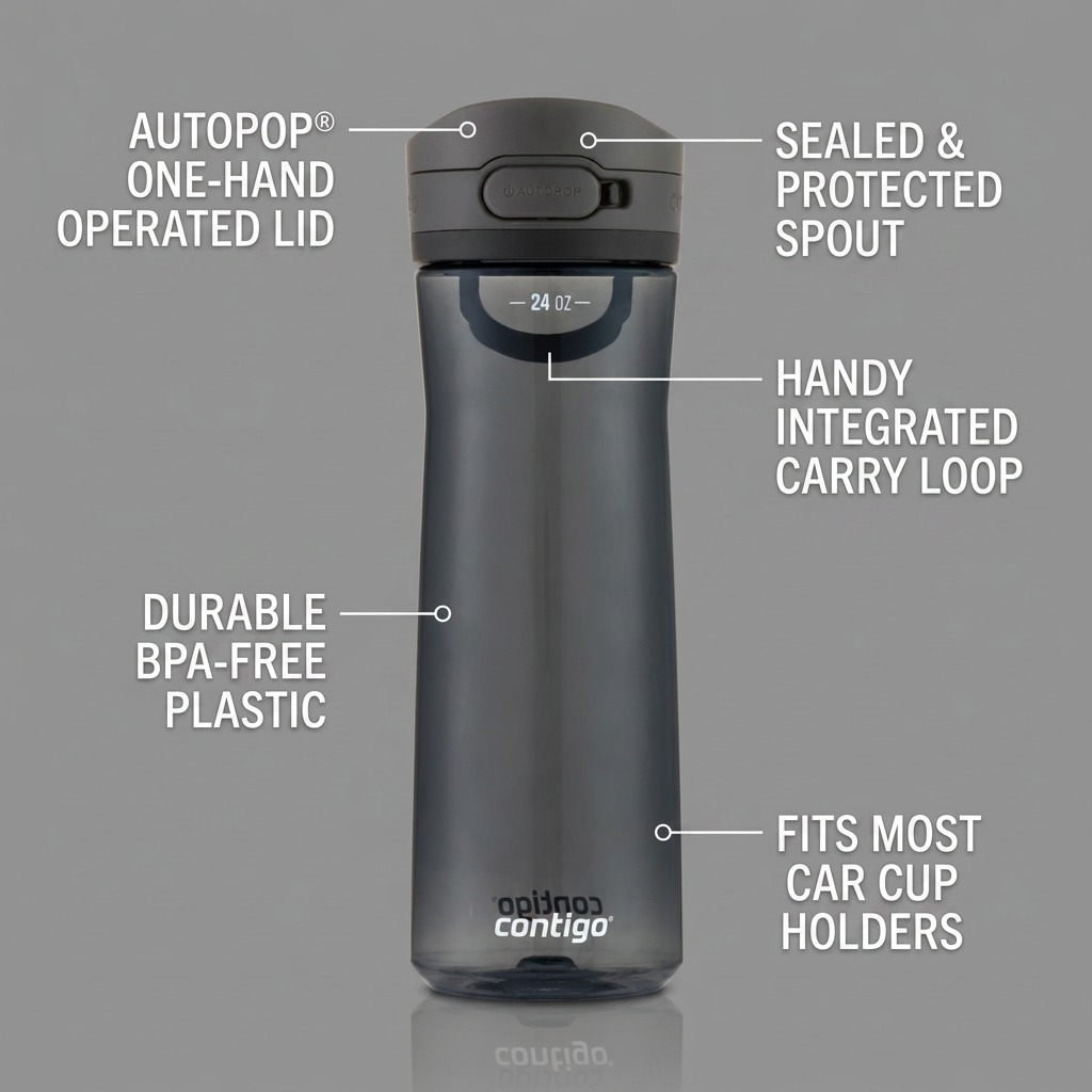 Feature graphic of a 24oz Contigo Jackson 2.0 AutoPop bottle highlighting its one-handed lid, carry loop, and BPA-free plastic.
