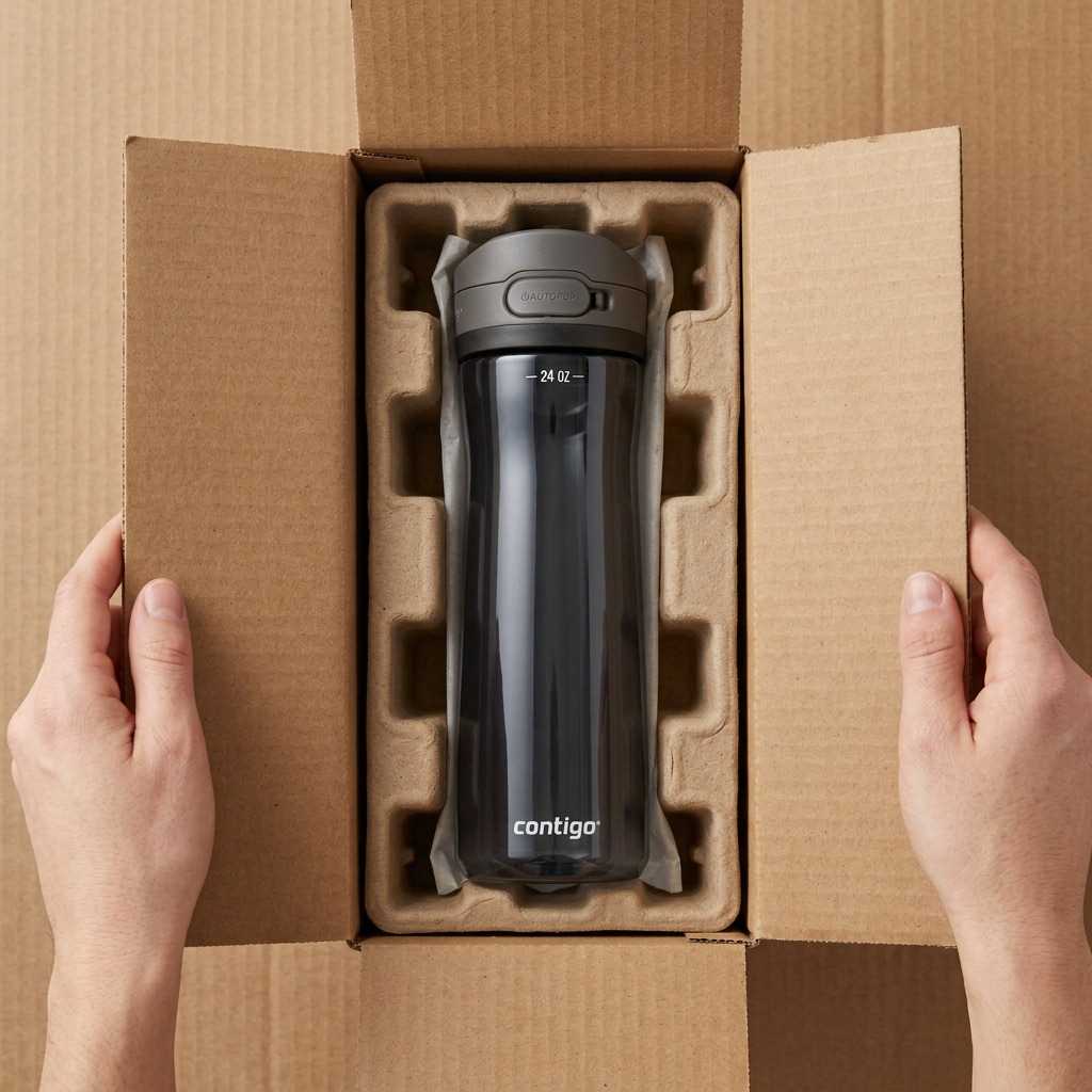 A black Contigo Jackson 2.0 water bottle securely packed in a protective cardboard shipping box.