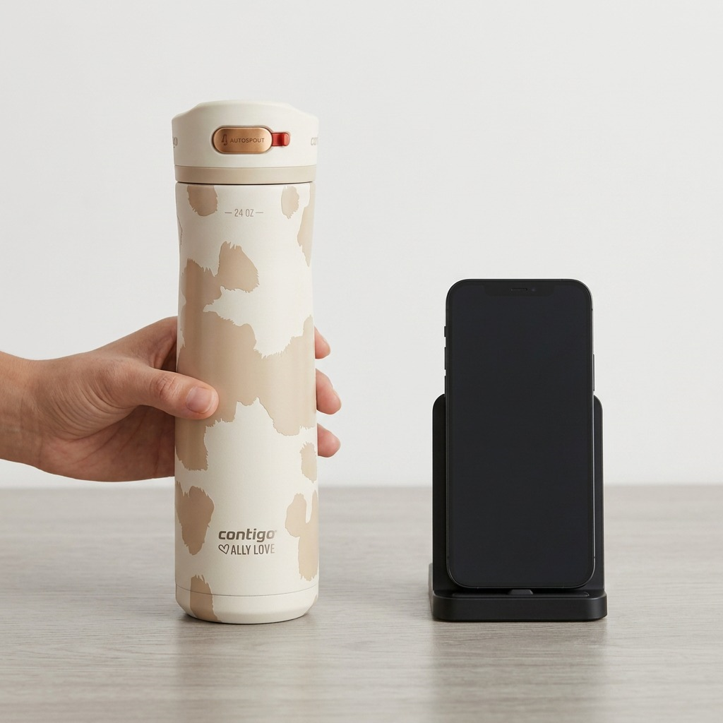 Contigo Ashland Chill 24oz water bottle in Oatmilk shown next to a smartphone for size reference.