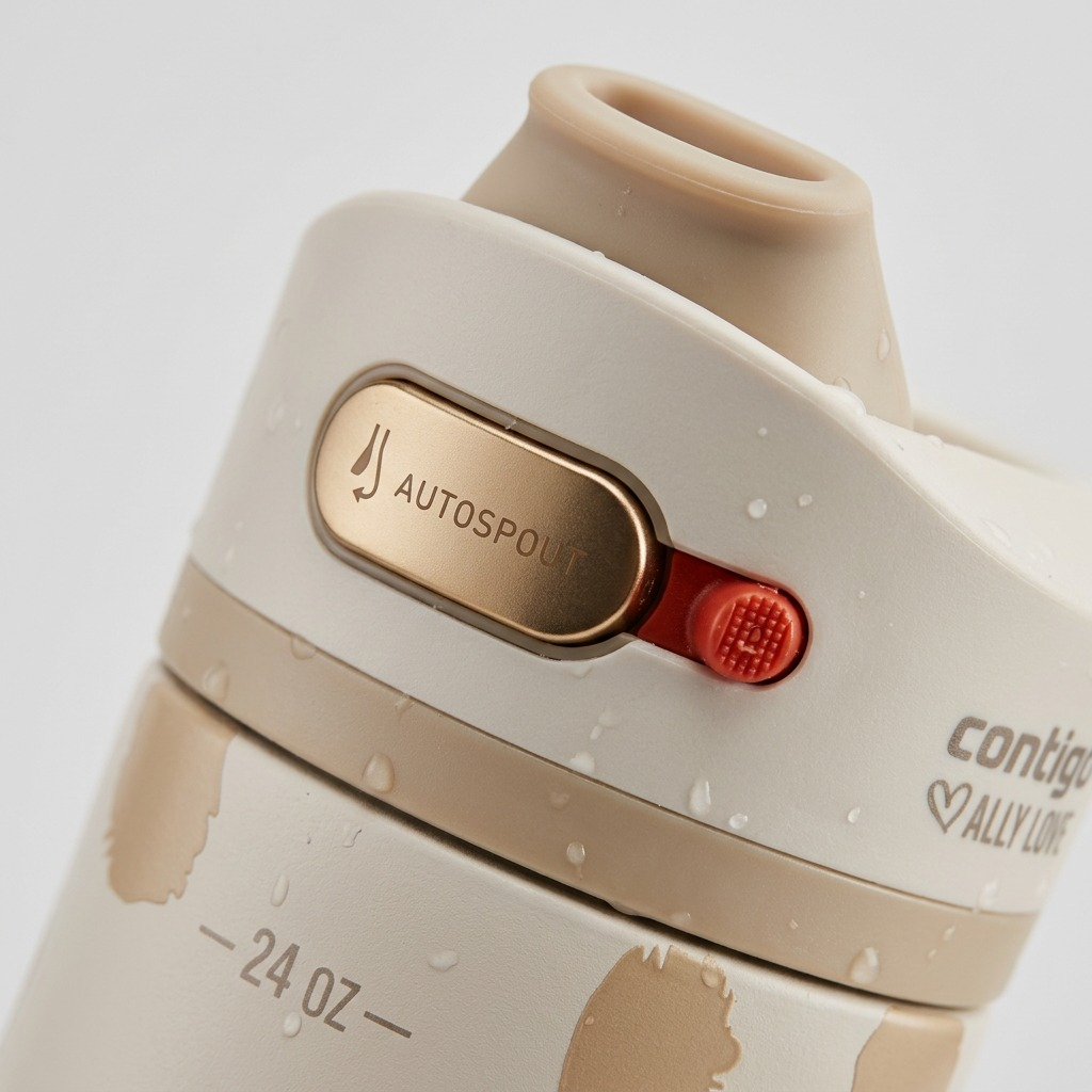 Macro view of the Contigo Ashland Chill 2.0 AUTOSPOUT button and locking mechanism in Oatmilk.
