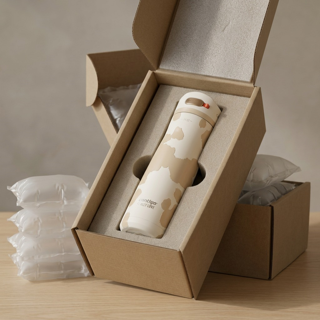 A Contigo x Ally Love Ashland Chill 2.0 water bottle in Oatmilk securely packed in protective foam.