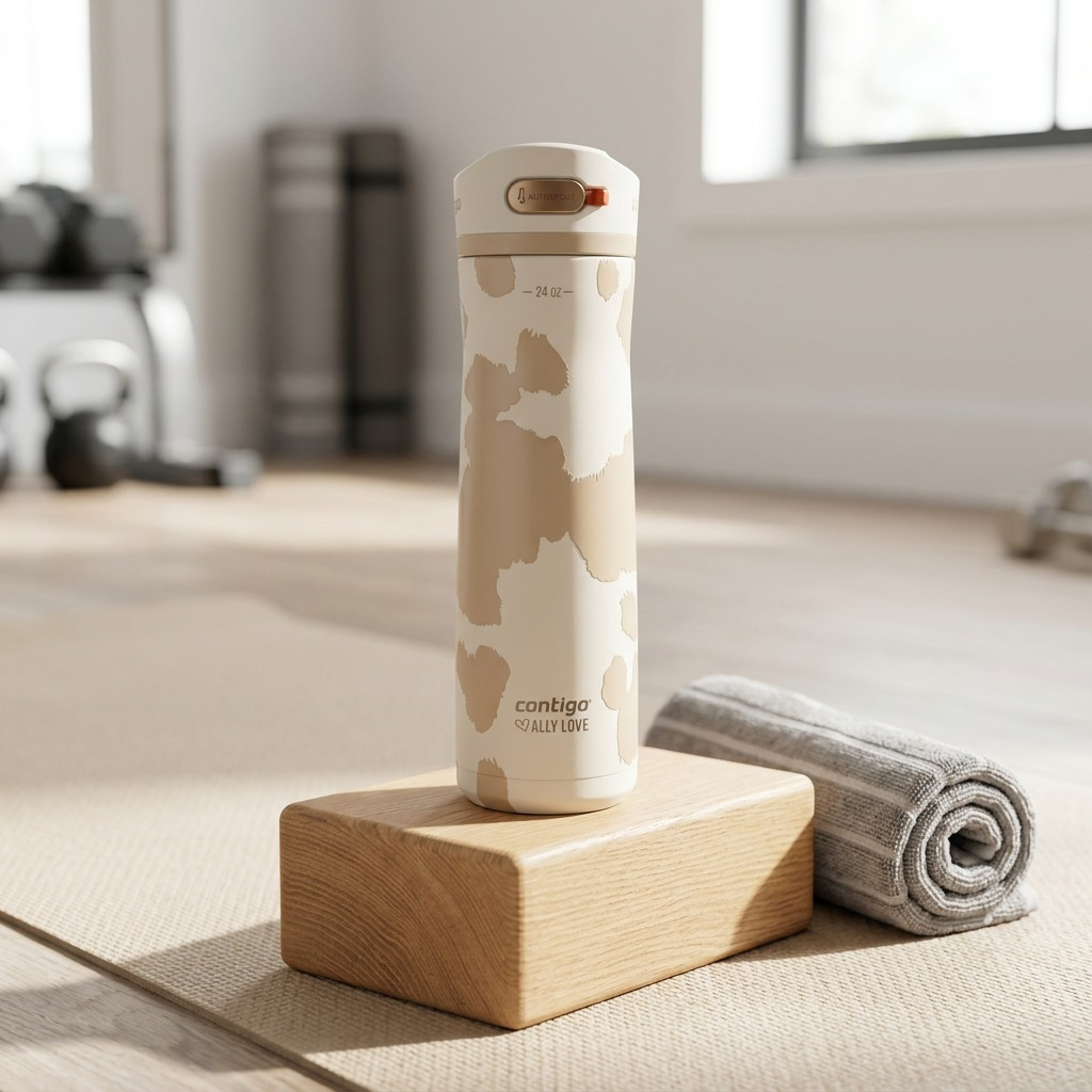 Contigo x Ally Love Ashland Chill 2.0 Water Bottle in Oatmilk on a yoga block in a bright gym.