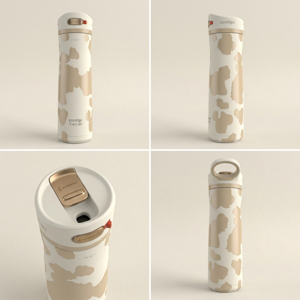Contigo x Ally Love Ashland Chill 2.0 24oz water bottle in Oatmilk shown from four different angles.