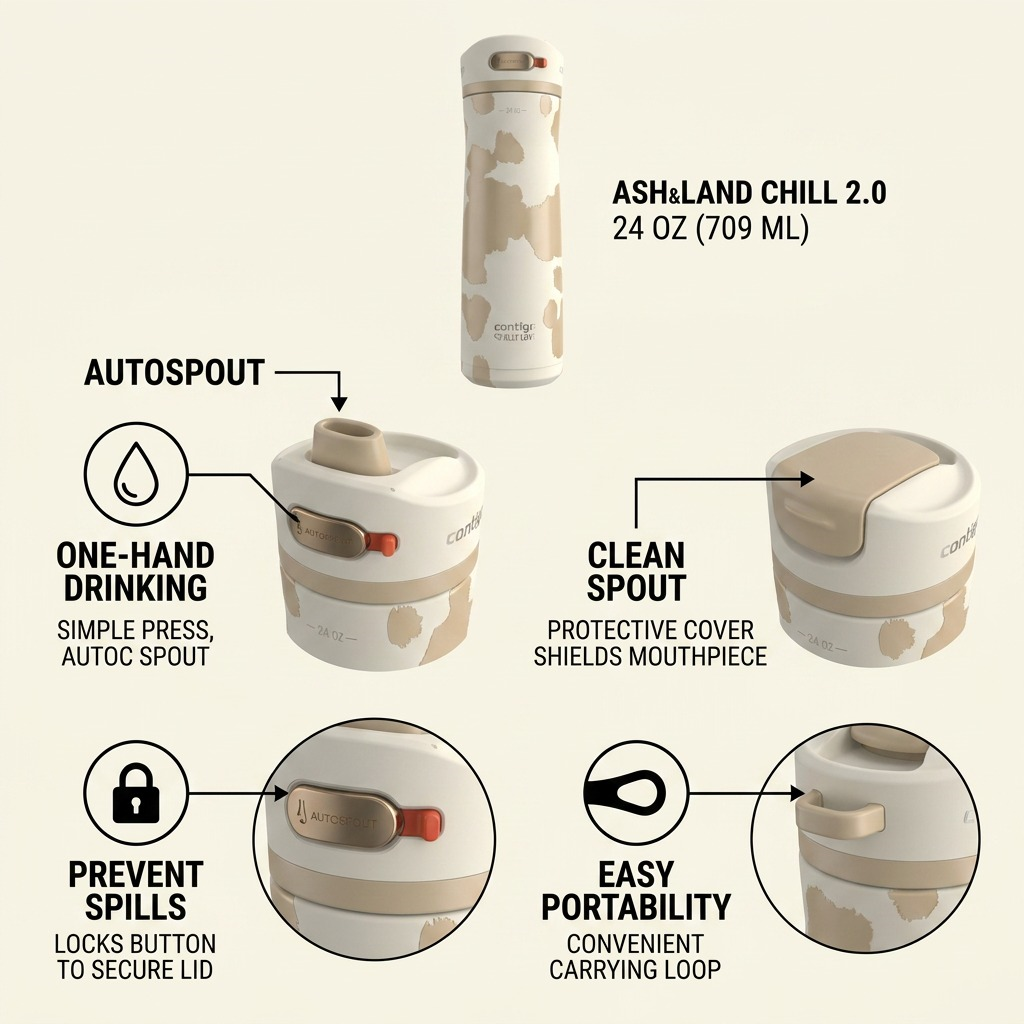 Feature diagram for the Contigo Ashland Chill 2.0 water bottle highlighting the Autospout lid, button lock, clean spout cover, and integrated carrying loop.
