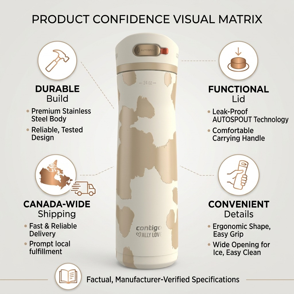 Contigo Ashland Chill 2.0 infograph detailing durable steel build, leak-proof lid, and Canadian shipping.