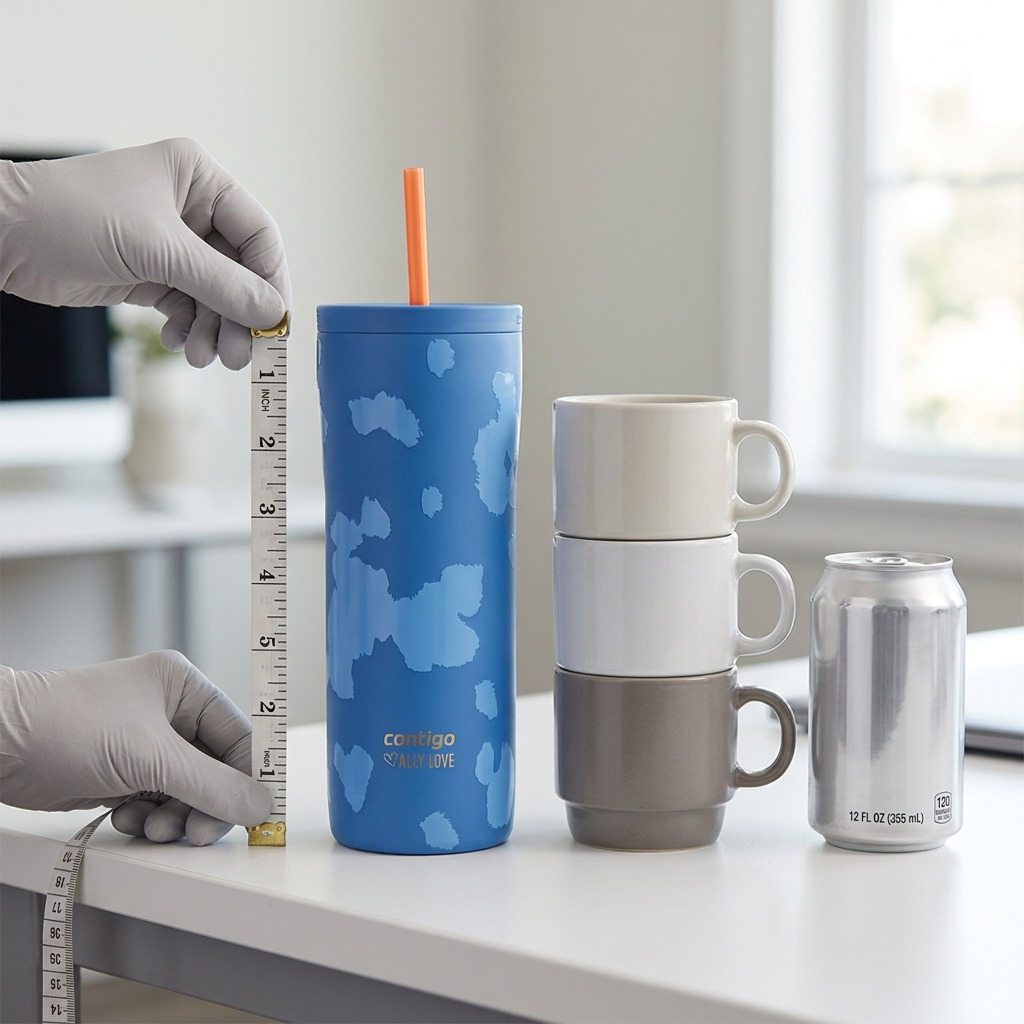 Contigo 24oz Stellar Jay tumbler shown for scale next to a measuring tape, mugs, and a 12oz soda can.