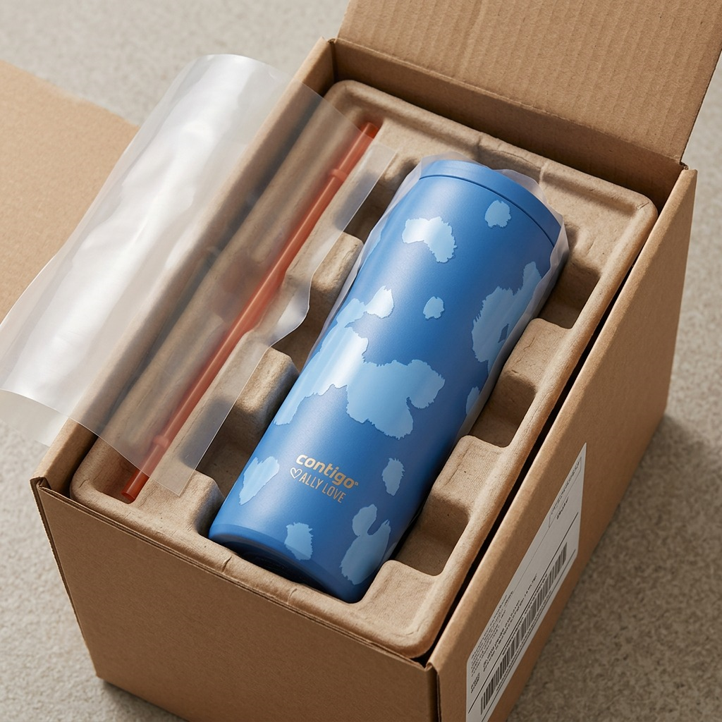 A Contigo x Ally Love Streeterville 2.0 tumbler in blue pattern, securely packed in a shipping box.