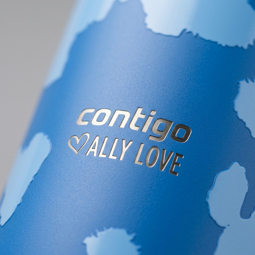 Macro detail of the laser-etched Contigo x Ally Love logo on a blue Stellar Jay powder-coat finish.